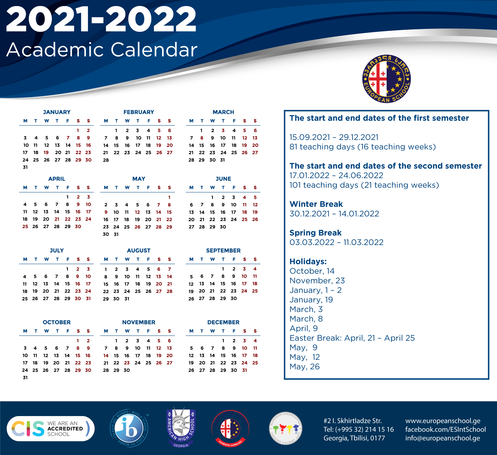 School Calendar EUROPEAN SCHOOL